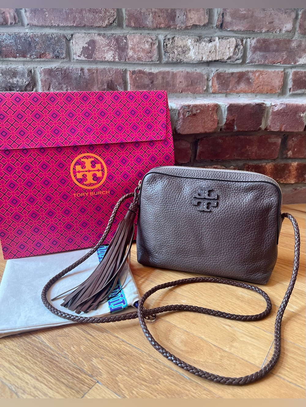 Tory Burch Brown Taupe Silver Maple Taylor Camera Crossbody Shoulder Bag